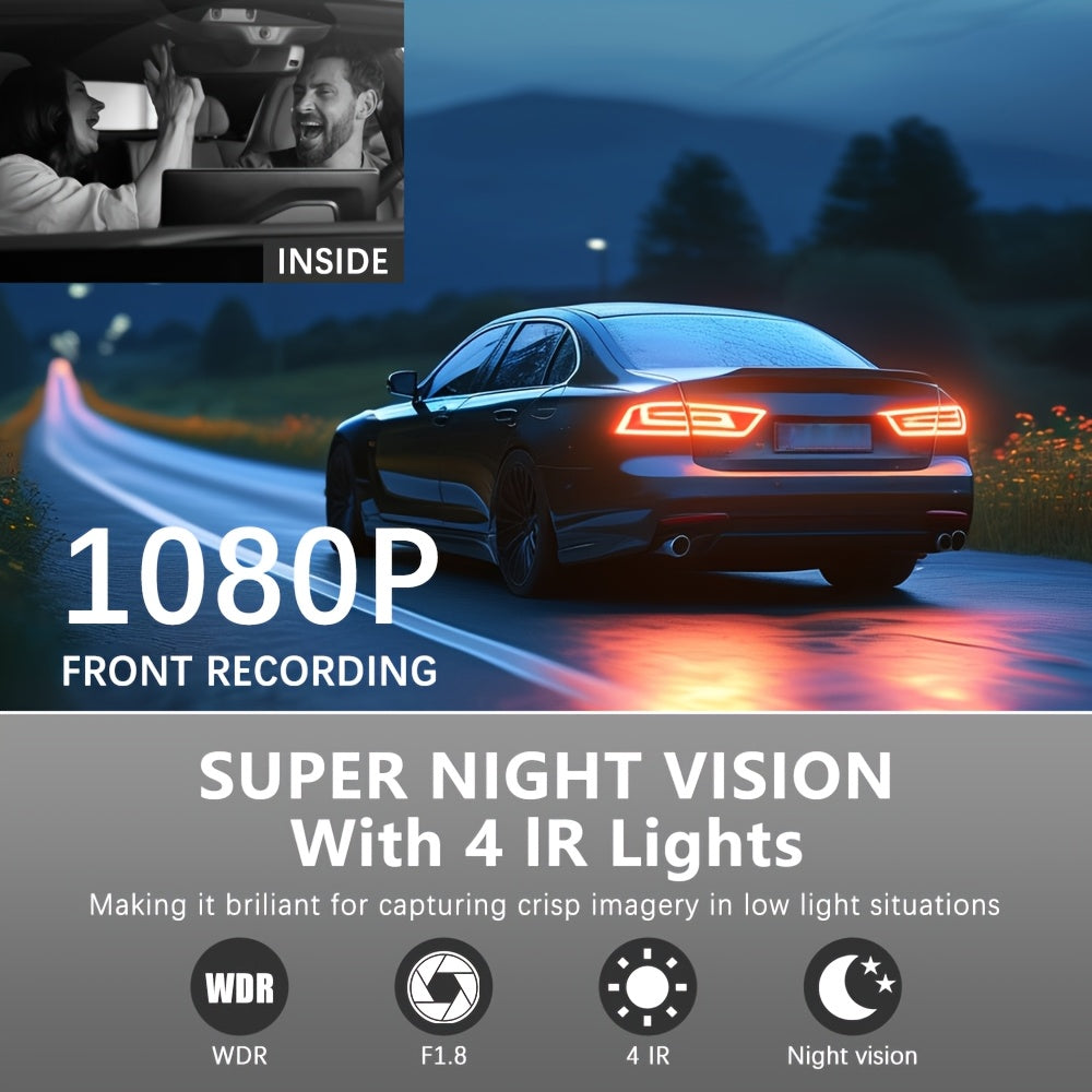 1080P HD Front And Rear Dual-Camera Dash Cam, Equipped with a 2-Inch IPS Screen, 170° Front Wide Angle And 140° Rear Wide Angle, ADAS Driving Assistance, G-Sensor, Loop Recording, Night Vision, 24-Hour Parking Mode - SD Card Not Included