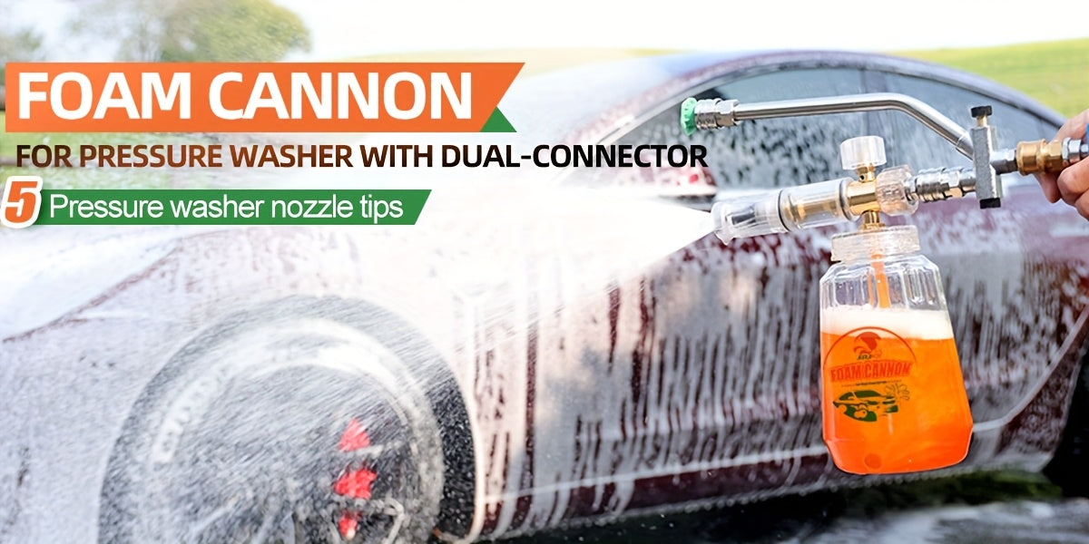 Pressure Washer Foam Soap Cannon Dual Connector Accessory - Power Wand With 5 Nozzle Tips And 1/4" Quick Connect For Car Wash - 5000PSI