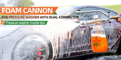 Pressure Washer Foam Soap Cannon Dual Connector Accessory - Power Wand With 5 Nozzle Tips And 1/4" Quick Connect For Car Wash - 5000PSI