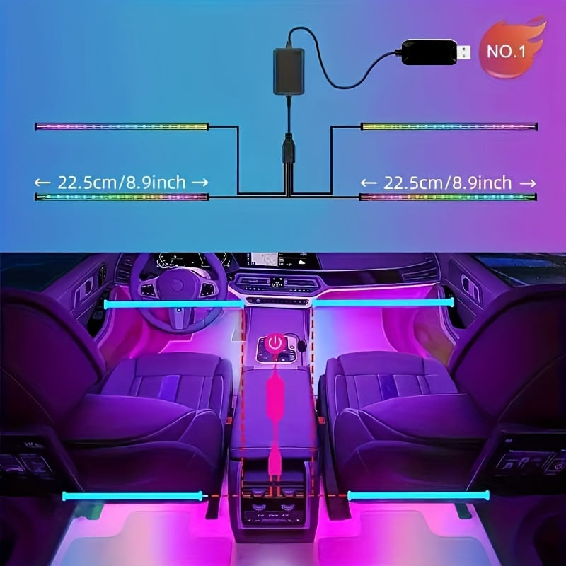 LED Car Interior Light Strip 4pcs – 48 Color USB Powered, Music Sync, Remote & App Control, Under Dashboard Atmosphere Light for Truck, SUV & Vehicle