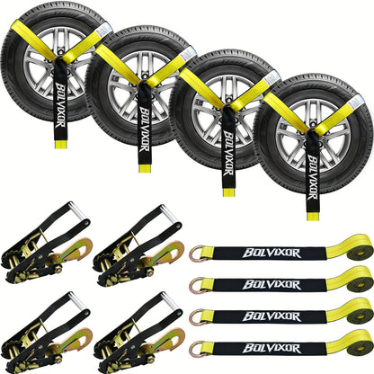 4pcs Heavy-Duty Trailer Tie Down Straps with Ratchet System & Snap Hooks - 9900LB Break Strength, 2"x96" Adjustable Wheel Straps with -Slip Design & Yellow Buckles - Fit for UTV, SUV, Truck, Cars, Trailers - All-Terrain Vehicle Transport (Steel/Poly