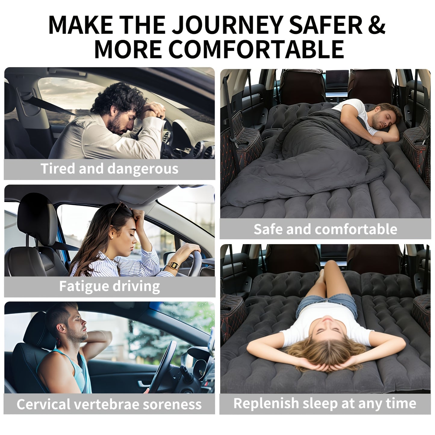 SUV Air Mattress: Inflatable Car Air Mattress for Camping, Flocking Car Bed with Air Pump And 2 Pillows, Portable Sleeping Pad Mattress for Home Car Travel Camping Black