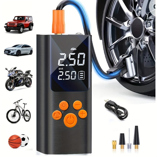 Portable Cordless Tire Inflator with Digital Gauge & LED Light, USB- Rechargeable Fast Air Compressor Suitable for Cars, Bikes, Motorcycles, Sports Equipment, USB- Air Pump for Car Tires, Tires, Emergency Inflation Device