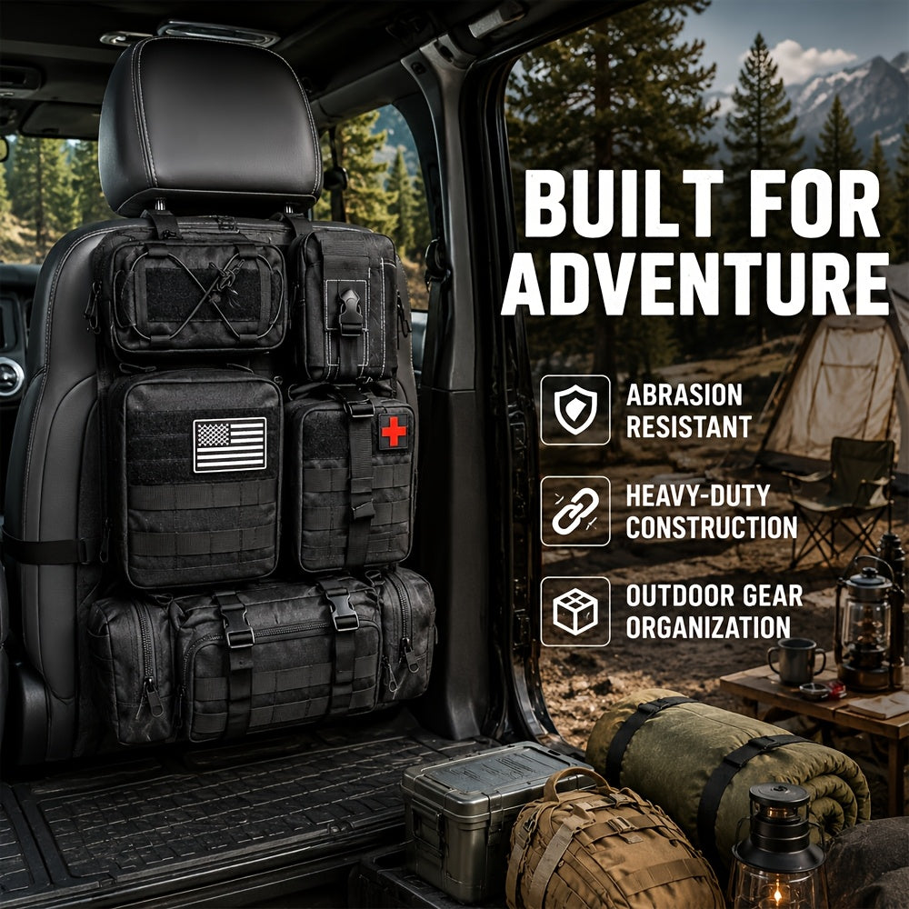 Car Seat Back Organizer with 5 MOLLE Pouches – Truck SUV Jeep Vehicle Panel Storage + 6 Keychains