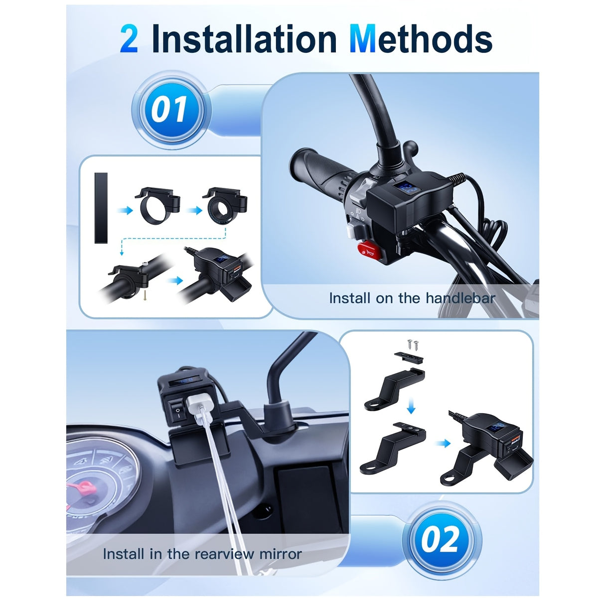 Motorcycle USB Charger Dual Port USB-C PD 20W + QC 3.0 18W Fast Charging with LED Voltmeter ON/OFF Switch SAE Connector 12-24V for Phone Tablet GPS