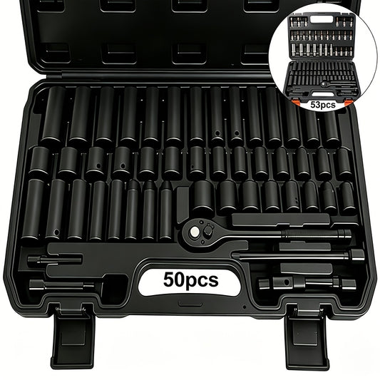 [Impact Socket Set] 50/53pcss Impact Socket Set - 3/8-Inch Drive, Including Common Metric Sizes (8-22 Mm) And Imperial Sizes (5/16-3/4 Inch), Made of CR-V Steel. The 53pcss Set Includes 24-Tooth 1/4-Inch Metric Sockets, Ideal for Enthusiasts And Machinist