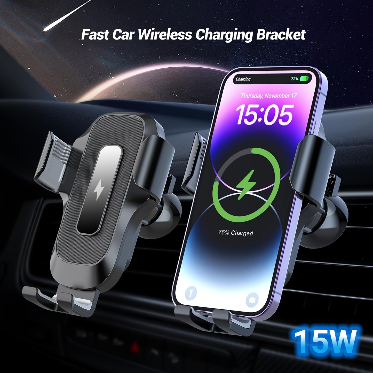 15W Fast Wireless Car Charger with Auto Clamping & Electric Sensor - Compatible for 16/15/14/13/12/11 & Samsung S23/S22/S21/S20, Air Vent Mount, - Operation, Plate Clamps & -Slip Phone Holder, - ( for Hands-free Driving)