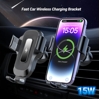 15W Fast Wireless Car Charger with Auto Clamping & Electric Sensor - Compatible for 16/15/14/13/12/11 & Samsung S23/S22/S21/S20, Air Vent Mount, - Operation, Plate Clamps & -Slip Phone Holder, - ( for Hands-free Driving)