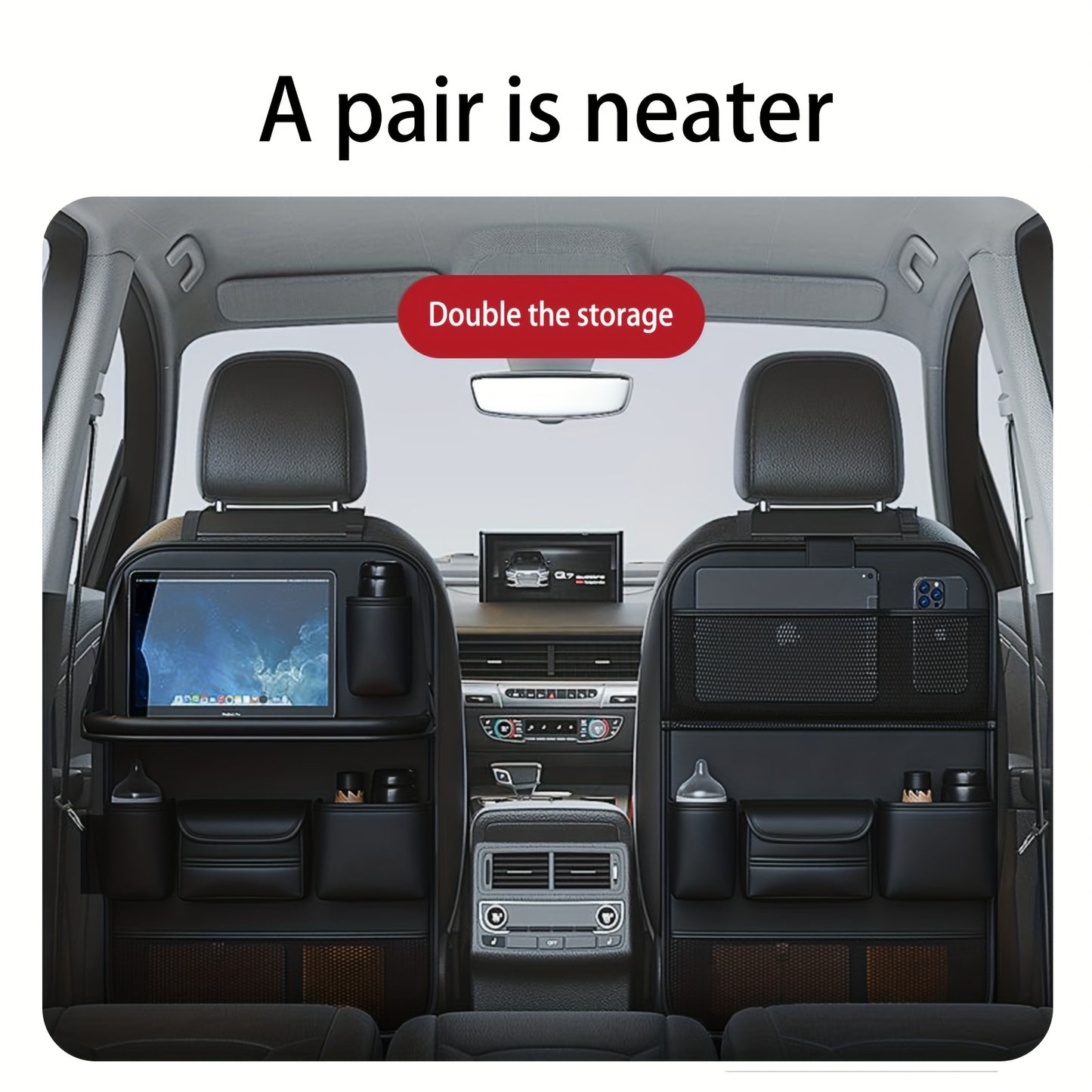 QIANKUNBAG PU Leather Car Backseat Organizer with Foldable Table Tray, Black Grey Green Car Storage Organizer with Tablet Holder, Car Seat Back Protectors Kick Mats Travel Accessories