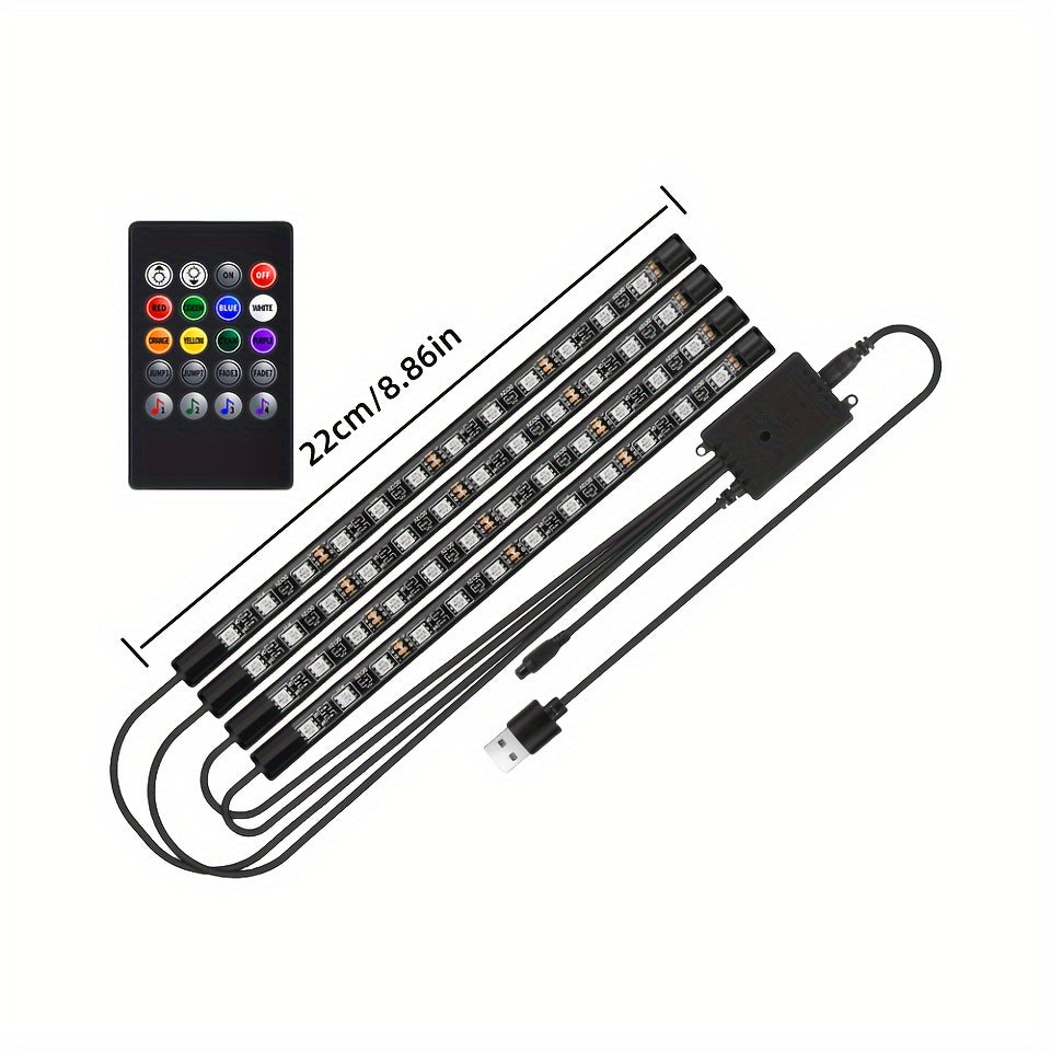 Set of 4 LED Lights for Car Interiors - Powered by USB, Featuring Colorful Underfoot Illumination That Syncs with Music to Create a Better Atmosphere, Without Battery