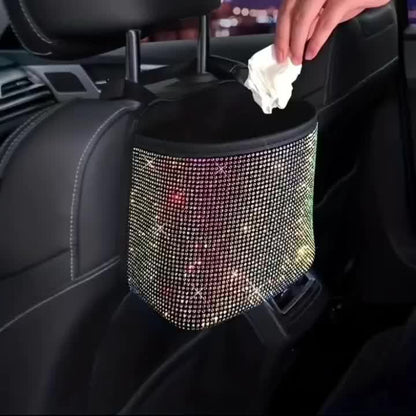 2pcs/set Sparkling Bling Rhinestones Car Trash Can+1pc Trash Bag- Durable & Convenient Hanging Storage Bag For Seat Back - Multifunctional, Space-Saving Car Interior Accessory, Premium Quality