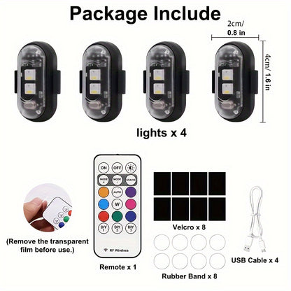 4/6pcs Wireless LED Strip Lights - 8-Color High-Brightness Anti-Collision Lighting with Remote Control, USB Charging, And Waterproof Design for Cars, Drones, Aircraft, Motorcycles, And Bikes