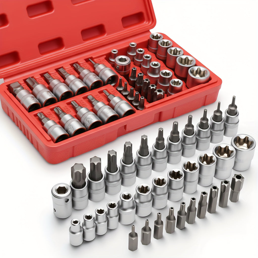 34/34+12pcs 3/8'' Drive Torx Star Bit Sockets CR-V E-Socket Set, E4-20, T10-60, Tamper Proof Set TT10-TT55, 5/16"F to 3/8"M Adapter with Storage Case,S2 Steel, Ideal for Car,Trucks,Home Improvement