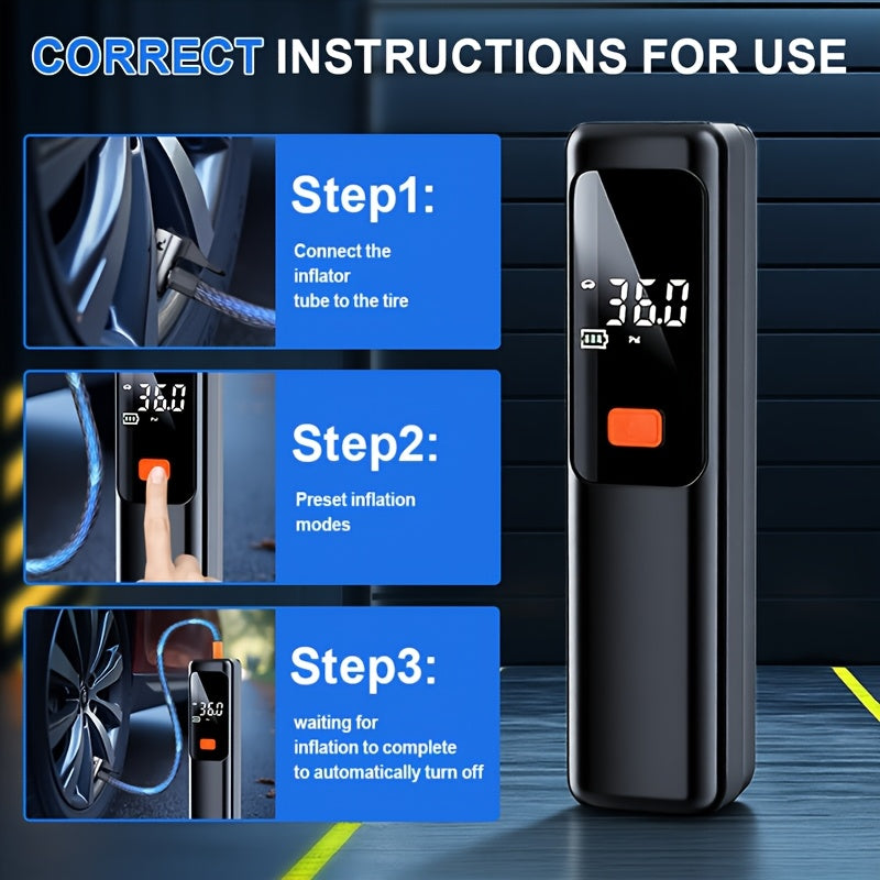 Portable Car Air Pump | Fast Air Filling, Digital LED Tire Pump, Automatic Tire Pressure Detection, Wireless Air Compressor - Suitable For Car, Bicycle, Motorcycle Tires, Basketball Inflating, USB Charging, Rechargeable Battery