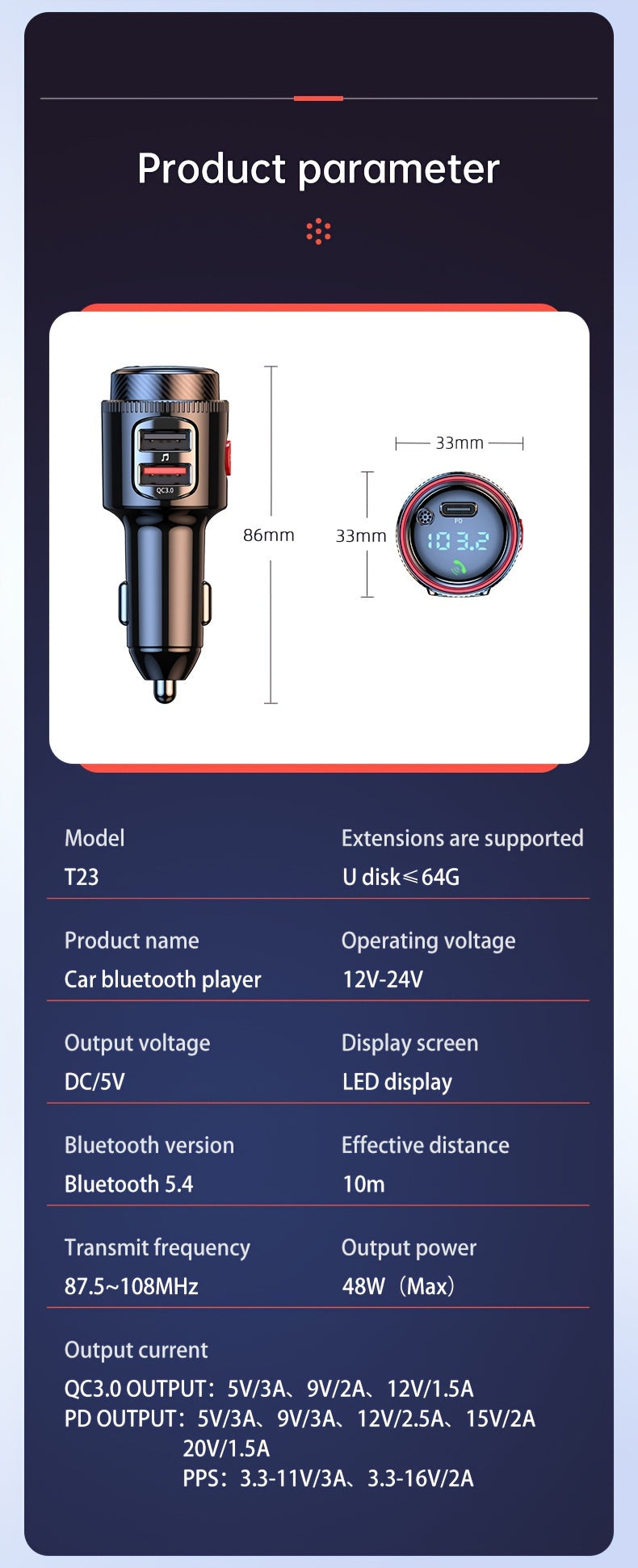 48W Car FM Transmitter 5.4 Adapter with Type-C PD30W And Qc3.0 USB Charger - Hi-Fi MP3 Player, Hands-Free Calls, LED Lights Father'S Day Gift for Mom Dad, Without Battery