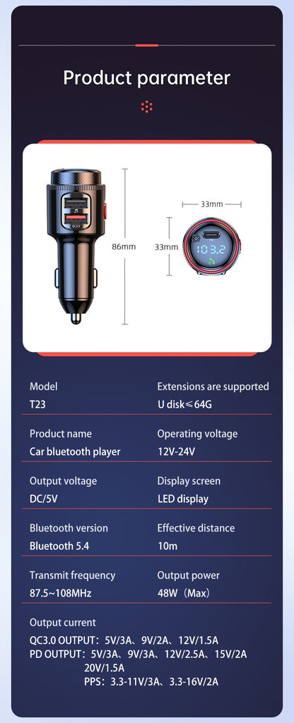 48W Car FM Transmitter 5.4 Adapter with Type-C PD30W And Qc3.0 USB Charger - Hi-Fi MP3 Player, Hands-Free Calls, LED Lights Father'S Day Gift for Mom Dad, Without Battery