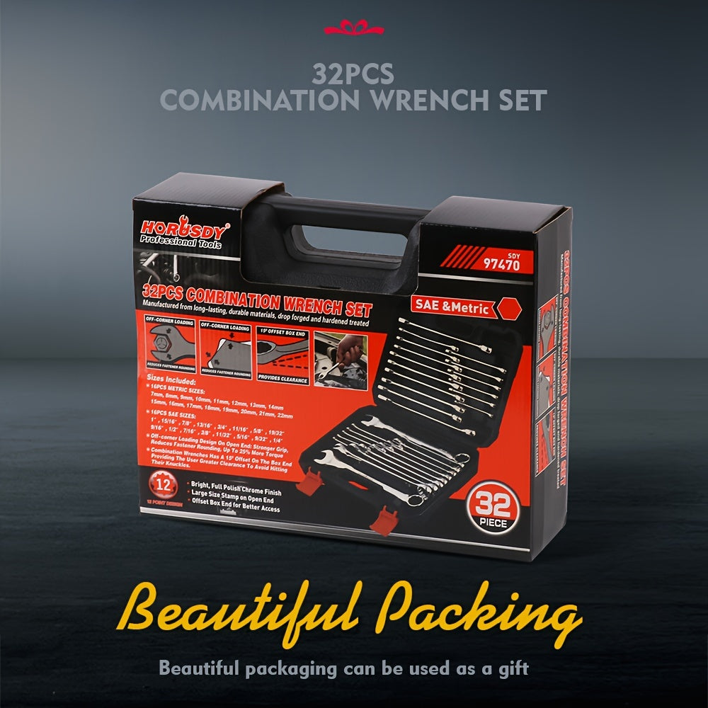 32pcs Combination Wrenches Featuring Both Box And Open Ends, Suitable for Standard Sizes in SAE And Metric Ranging from 1/4" to 1" And 7Mm to 22Mm, Made from Chrome Vanadium Steel And Comes with a Case