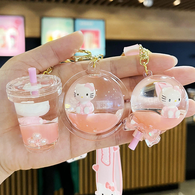 2D Flat, Cute KT Cat Quicksand Keychain Female Creative Cartoon Doll Student School Bag Pendant Car Key Chain Trinkets