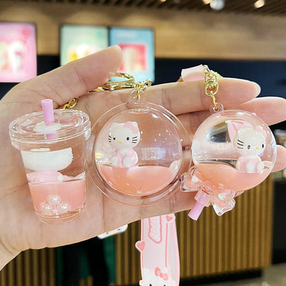 2D Flat, Cute KT Cat Quicksand Keychain Female Creative Cartoon Doll Student School Bag Pendant Car Key Chain Trinkets