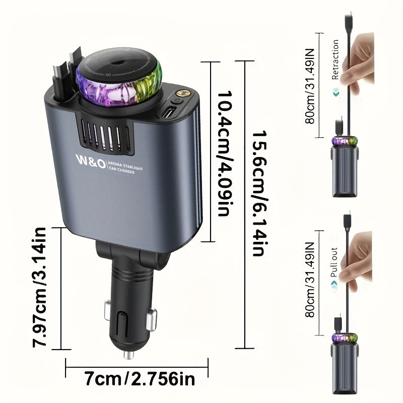 Three-In-One Multifunctional Car Charger, Perfume Machine, Starry Sky Ceiling Light, Dual 80cm/32inch Type-C+Lightning Retractable Cable, Air Freshener, Adapter For IPhone 16/15/Plus/Pro Max, For S25/24, Great Christmas Birthday Gift.