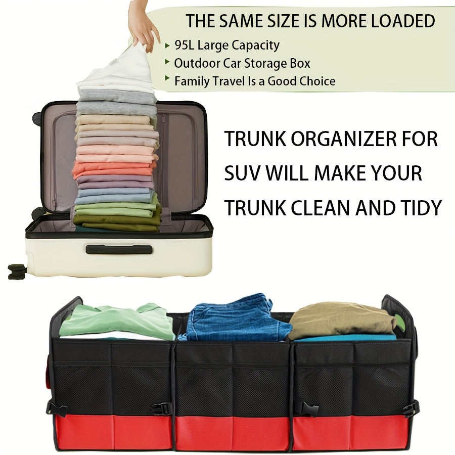 Foldable 25.1gal Car Trunk Organizer | Multi-Compartment Storage with 4 Compartments and 2 Retractable Straps, Ideal for Travel, Camping, Shopping, Fits SUVs, Trucks, Minivans