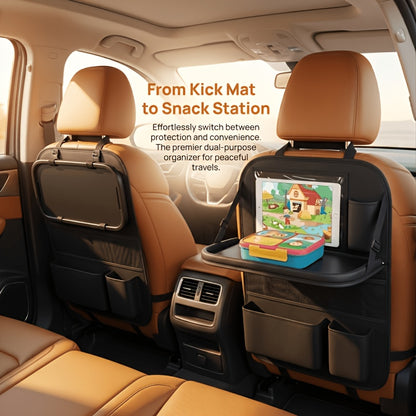 Car Backseat Organizer with Tablet Holder, 6 Storage Pockets Car Storage Organizer with Foldable Food Tray, Protectors Kick Mats Travel Accessories-Black