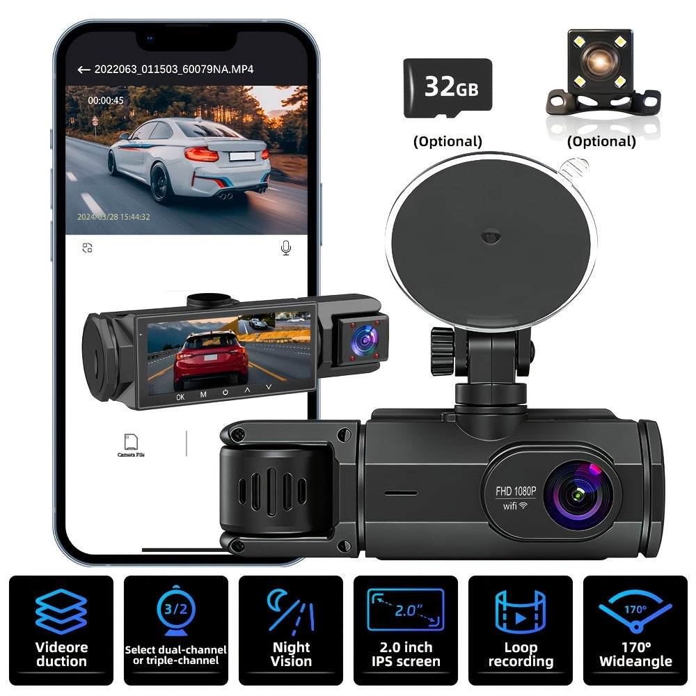 2.0 Lnch IPS Screen Dash Camera, 2/3 Lens with 32GB TF Card Optional, 170 Wide Angle WlFl Night Version Loop Recording G-Sensor WIFI Optional