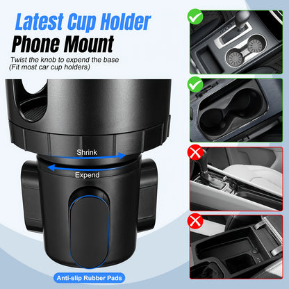 [2-In-1 Cup Phone Holder] Car Cup Holder Phone Mount, Upgraded 2-In-1 Car Cup Phone Holder Expander with Adjustable Base, 360-Degree Rotation, Cup Phone Holder for Car Compatible with Iphone, Samsung & All Smartphones