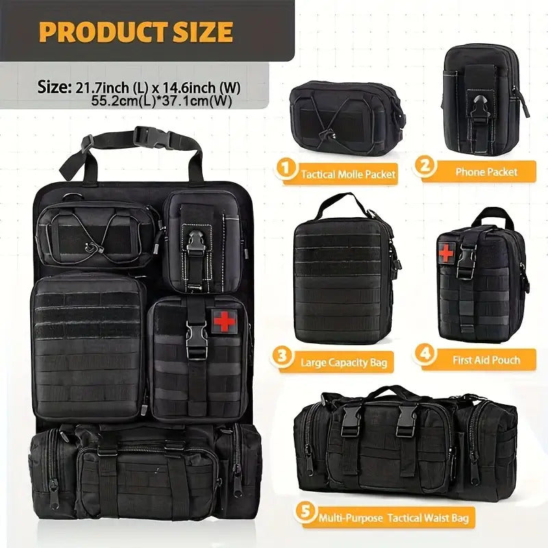 6pcs Set - Heavy-Duty MOLLE Tactical Car Seat Organizer Pouch with Adjustable Fasteners and Thickened Back Panel - Suitable for Jeeps, Trucks, SUVs - Premium Vehicle Storage System, Durable Nylon Bag for Gear, First Aid, and Tools - Car Trunk Lid