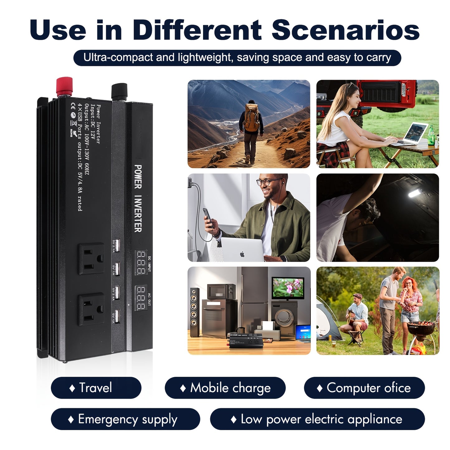6600W Peak Power Inverter, Car Pure Sine Wave Inverter DC 12V to AC 110V LCD Digital Display, Compatible for Solar And Portable with USB Ports, US Sockets, Fast Charging for Vehicles Trucks Rvs And Other Vehicles