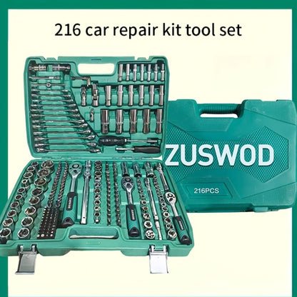 High End Professional 216 Tool Set, 1/4" 3/8" 1/2" Drive Depth And Standard Sleeves, Ratchet Wrench Set, S2 And CR-V Sleeves, Automotive Parts Repair Quick Ratchet Wrench And Other Automotive Repair Parts, Professional Racing Grade Repair Tool Set