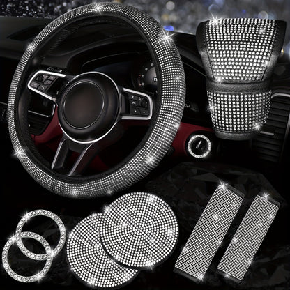 Set of 8 Sparkly Car Additions for Women, Including a Glittery Steering Wheel Cover, Shiny Car Coasters, Belt Shoulder Pads, Ring Emblem Sticker, And Gear Shift Cover