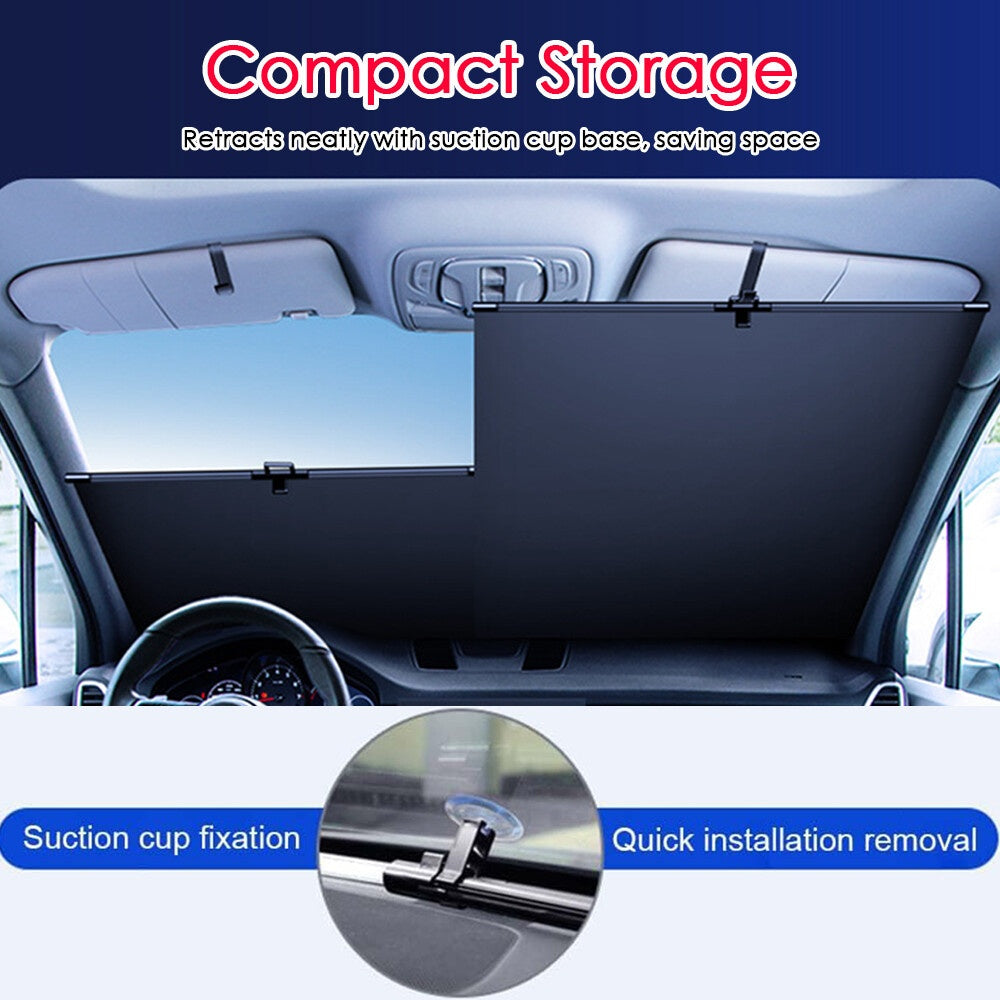 New Automatic Retractable Car Windshield Sunshade - Foldable Front Window Sunshade Blocks 99% of UV Rays And Heat, Fits Most Cars, Features a Easy Rolling Mechanism And Suction Cups (1 Pair)