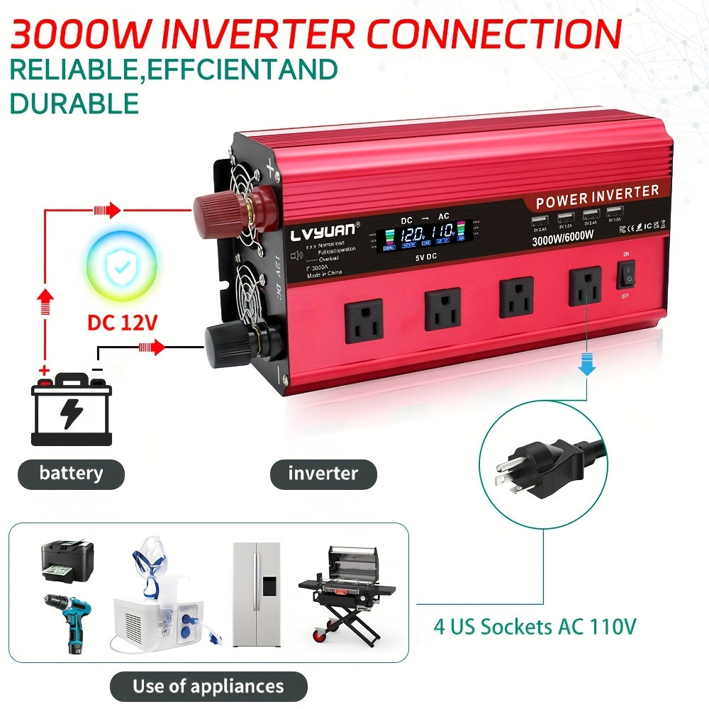 [Car Power Inverter] LVYUAN 200W/1000W/3000W Car Power Inverter DC 12V to 110V AC Converter with LCD Display Dual AC Outlets And Dual USB Car Charger for Car Home Laptop Truck Boat Red
