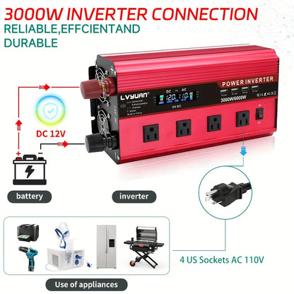 [Car Power Inverter] LVYUAN 200W/1000W/3000W Car Power Inverter DC 12V to 110V AC Converter with LCD Display Dual AC Outlets And Dual USB Car Charger for Car Home Laptop Truck Boat Red