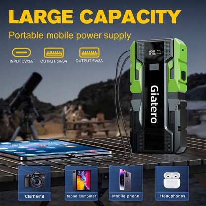 Portable Car Emergency Starter Power Supply, Equipped with an Air Compressor Tire Inflator, Suitable for Up to 3.7gal Gasoline Engines And 3.17gal Diesel Engines, And Specifically Designed for 12V Trucks And Cars As an Emergency Starter Power Supply