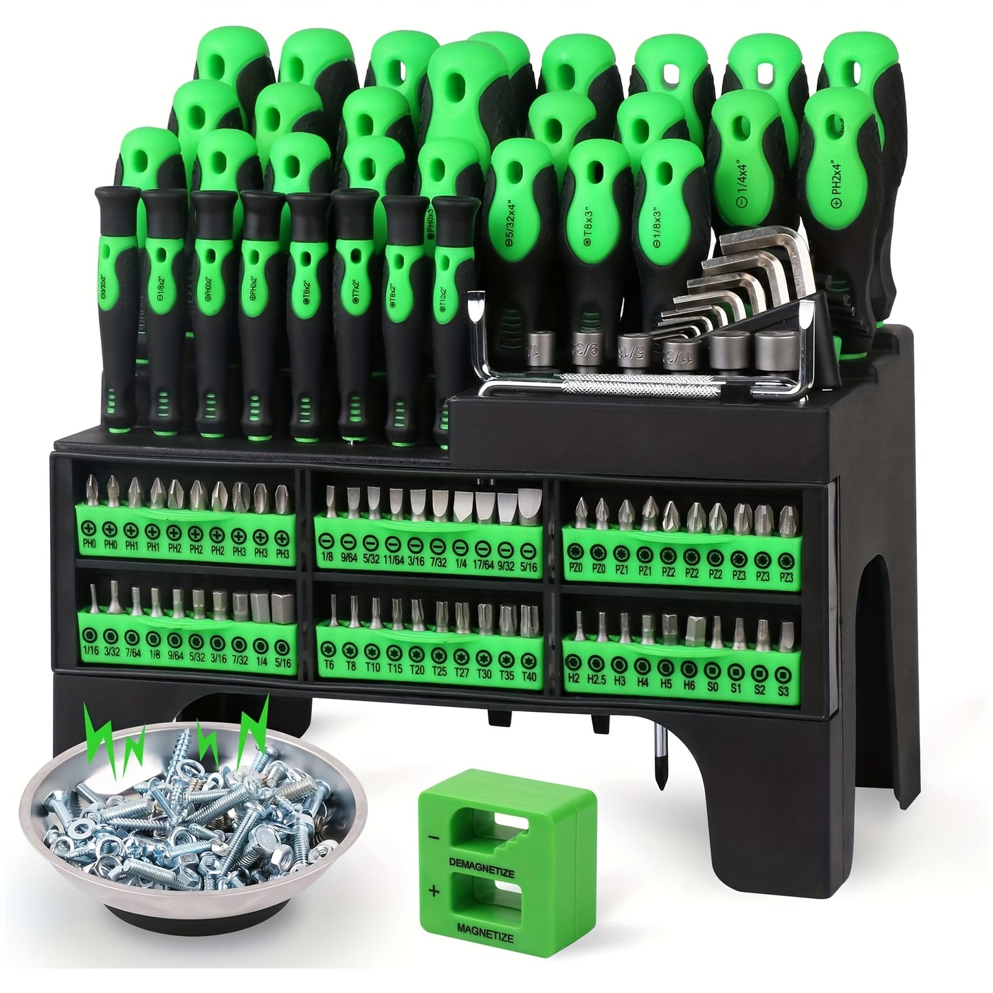 118pcs Magnetic Screwdriver Set with Plastic Organizer, Includes Precision, Slotted, Phillips, Hex, Pozidriv, Torx Screwdriver Set And Magnetizer Demagnetizer DIY Tools - Perfect Tools Gift for Men (Green/Red/Blue/Orange&Blue)