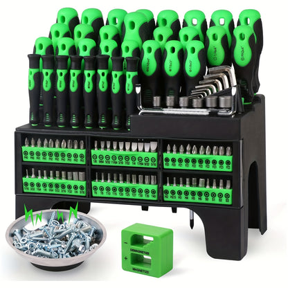 118pcs Magnetic Screwdriver Set with Plastic Organizer, Includes Precision, Slotted, Phillips, Hex, Pozidriv, Torx Screwdriver Set And Magnetizer Demagnetizer DIY Tools - Perfect Tools Gift for Men (Green/Red/Blue/Orange&Blue)