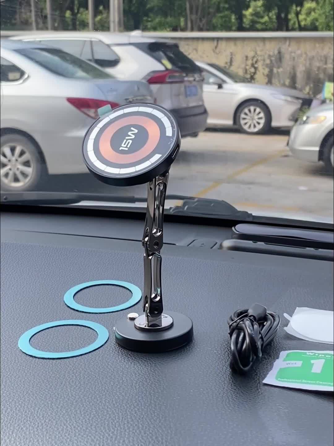 Magnetic Car Mount with 15W Fast Charging, 360° Rotation, Universal Compatibility, Foldable Stand, and Super Magnetic Attraction for Most Smartphones, Without Battery