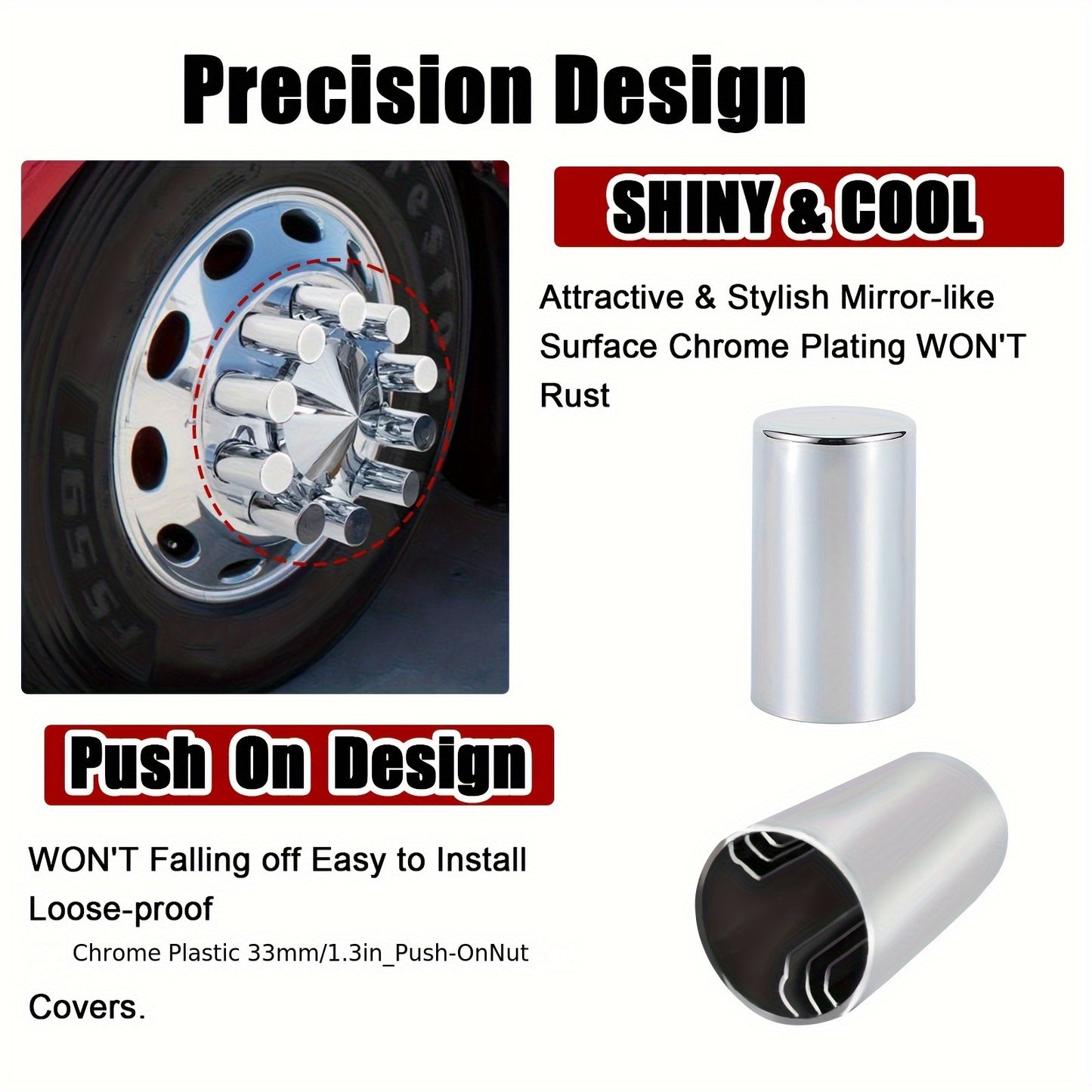 20pcs, 40pcs, Or 60pcs of 33Mm X 3 1/2" Lug Nut Covers Made from ABS Chrome Plastic, Designed for Push-On Fit for Hub Piloted Wheels, Complete Axle Cover Kits, And Lug Nut Covers Suitable for Semi Trucks And Trailers