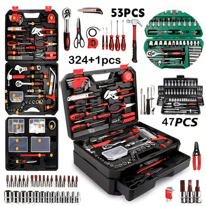 [Fast Arrival] 324+1pc/53/47pcs Professional Automotive Master Tool Kit - Premium Tool Sets For Car, Bike, And Motorcycle Maintenance - Compact, Portable, And All-In-One Solution With Ratchet Wrench, Assorted Screwdriver Set, Without Battery