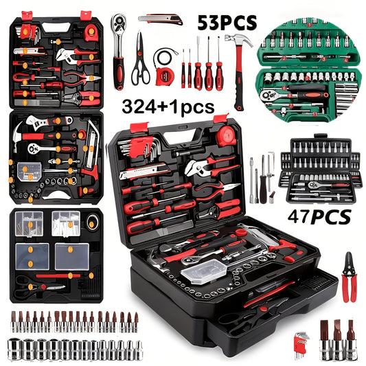 [Fast Arrival] 324+1pc/53/47pcs Professional Automotive Master Tool Kit - Premium Tool Sets For Car, Bike, And Motorcycle Maintenance - Compact, Portable, And All-In-One Solution With Ratchet Wrench, Assorted Screwdriver Set, Without Battery