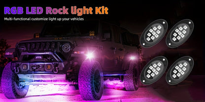RGB LED Rock Lights With App/Remote Control & Timing & Music Mode Rock Lights For Trucks, Rock Light Kits For ATV RZR UTV SUV Off Road Motorcycle, Without Battery