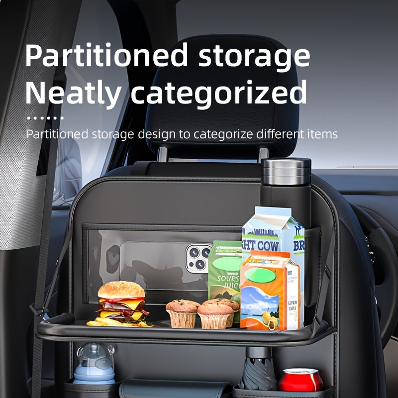 Universal Premium PU Leather Car Seat Back Organizer - Spacious Storage Bag with Back Seat Dining Table, Cup Holder, And Travel Accessories for A Comfortable Ride