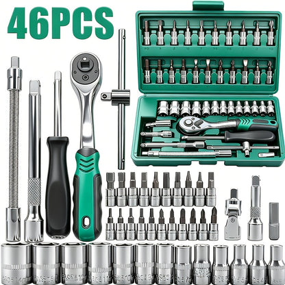 [48pcs Tool Set] Socket Wrench Set, 48pcs Tool Set - 1/2-inch Sockets, 46/51/129pcs with 1/4-inch Ratchet Wrenches, Including Extension Rods, Universal Slide Rail Extension Tubes, Containing 72-tooth Ratchet Wrenches, Suitable for Automotive Repair And Ho