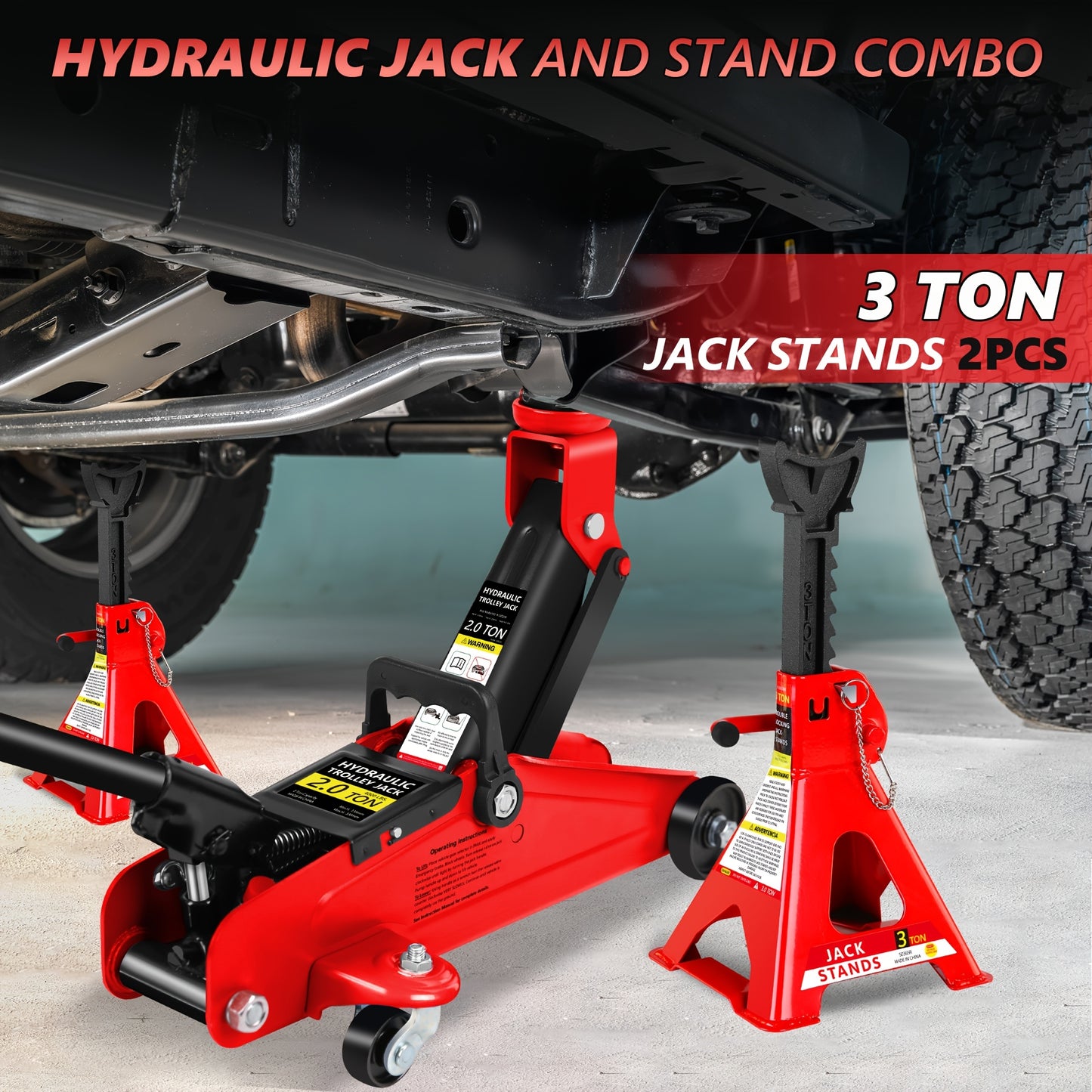 2/2.5/3 Ton Capacity, Jack Kit Low Profile Hydraulic Trolley Service/Floor Jack Combo, Multiple Meal Plans to Choose from 3 Ton Jack Stands 2PCS, Tire Repair Kit, 14-inch Wheel Cross Wrench, Wheel Chock, Jack Accessories Red/Blue
