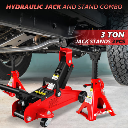 2/2.5/3 Ton Capacity, Jack Kit Low Profile Hydraulic Trolley Service/Floor Jack Combo, Multiple Meal Plans to Choose from 3 Ton Jack Stands 2PCS, Tire Repair Kit, 14-inch Wheel Cross Wrench, Wheel Chock, Jack Accessories Red/Blue