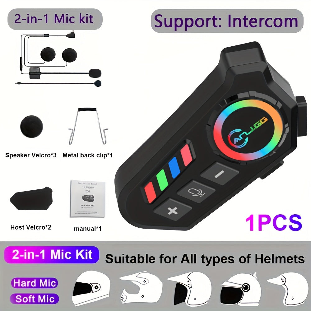 Motorcycle Helmet Headset 1000mAh, Wireless Intercom for Riders, Hands-Free Calls & Music, Voice Control, Noise Cancelling, HD Speakers, Long Battery Life