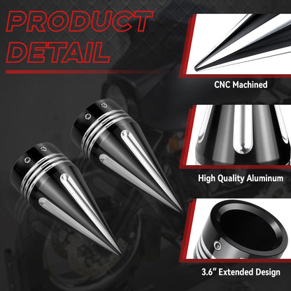 Motorcycle Front Axle Nut Covers CNC Spike Caps 3.6" – Fits Harley Touring Street Glide Road King Electra Glide Tri Glide 2008+, Black & Silver, Pair