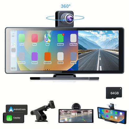 10.26" HD Wireless Car Stereo Compatible with Carplay & Android Auto, Featuring a Portable Touch Screen for Vehicles, 4K Dash Cam, 1080P Backup Camera, Google, Siri, Mirror Link, GPS Navigation, Aux, FM Transmitter